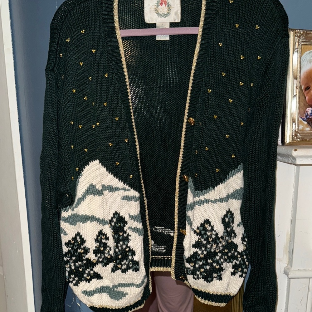 Christopher & Banks Dark Green Embroidered Cardigan with Scenic Pattern